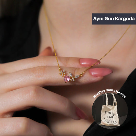 925 Ayar Gümüş Pembe Taşlı Kelebekli Kalp Kolye