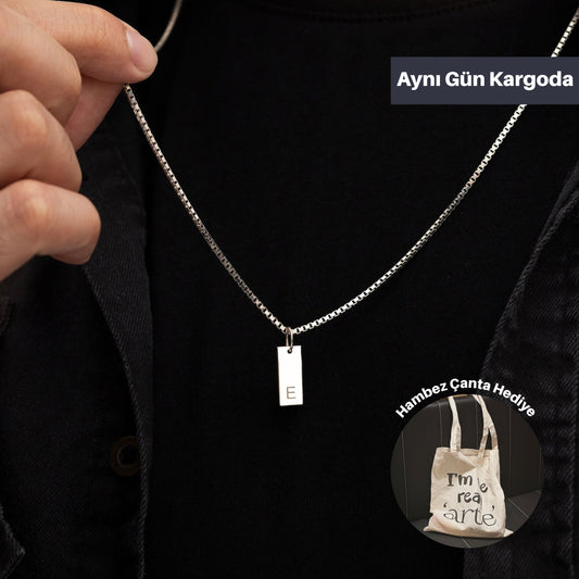 925 Ayar Gümüş Erkek Kişiye Özel Kutu Zincirli Dikdörtgen Kolye