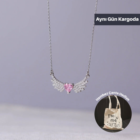 925 Ayar Gümüş Pembe Taşlı Melek Kanadı Kolye