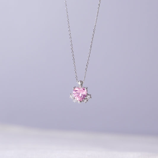 925 Sterling Silver Heart Necklace with Pink Stone