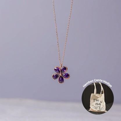 925 Sterling Silver Clover Necklace with Amethyst Stone